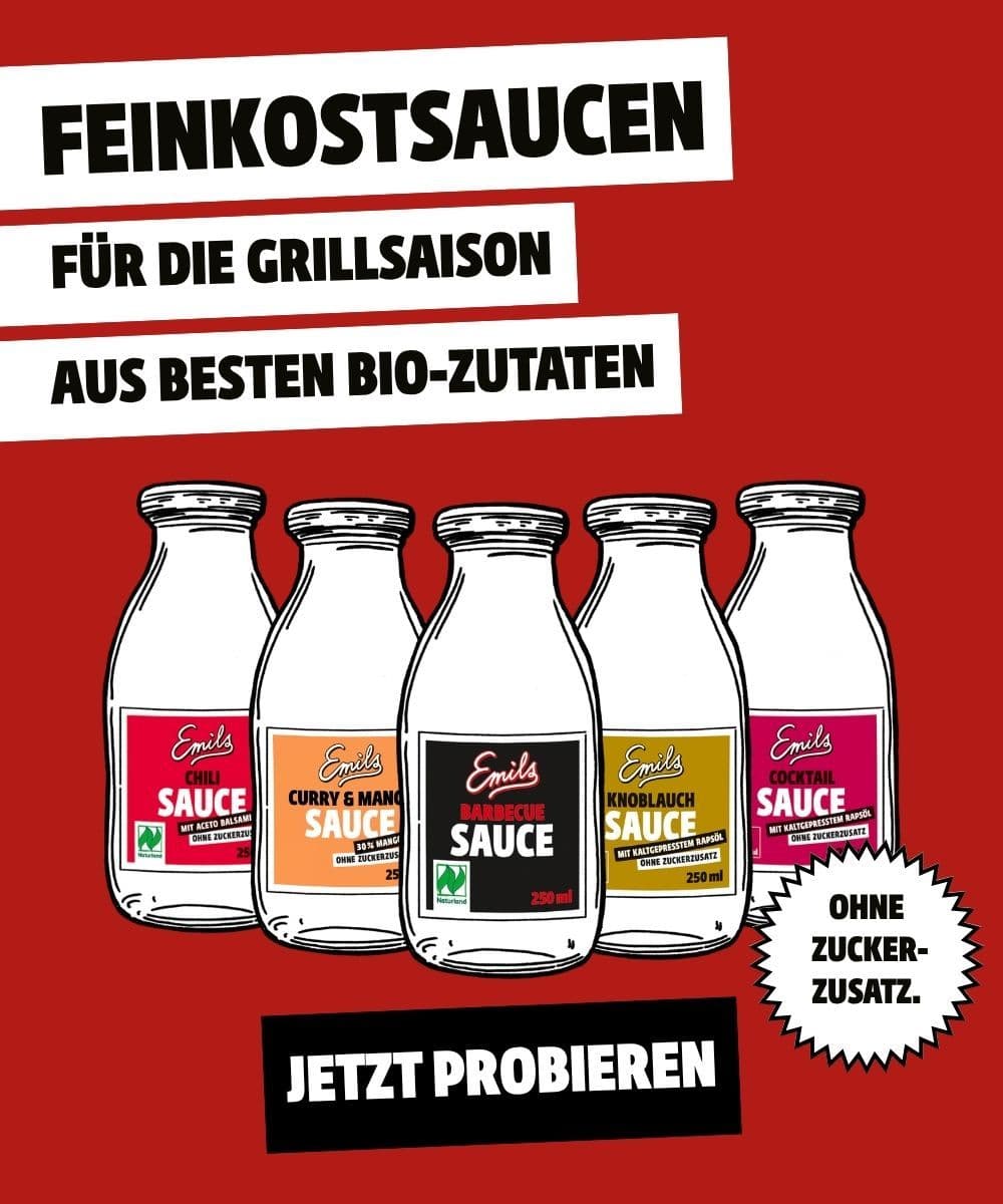 Feinkostsaucen von Emils – verschiedene Saucen wie Mango-Curry, Cocktailsauce, Knoblauchsauce und Chilisauce