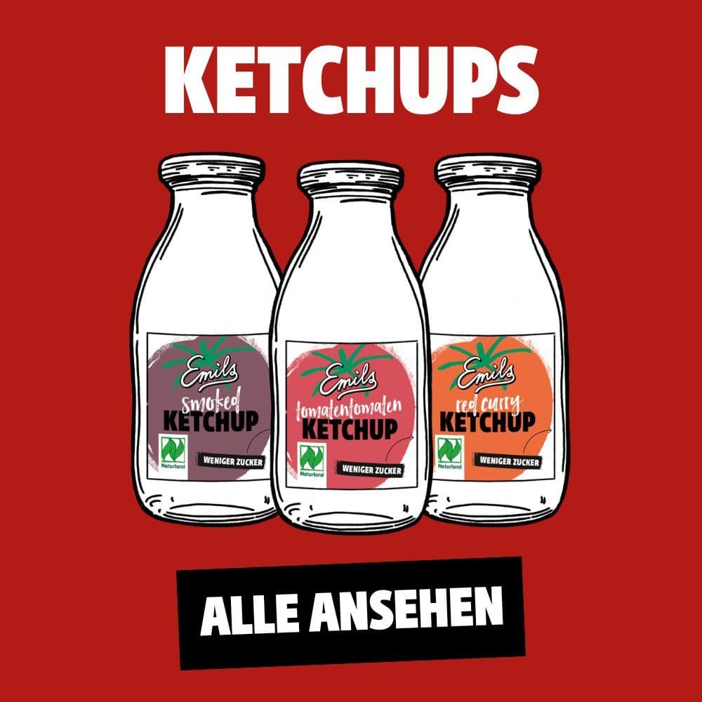 Emils Ketchups ohne Kristallzucker, verschiedene Sorten: Tomatenketchup, Curry Ketchup, Smoked Ketchup