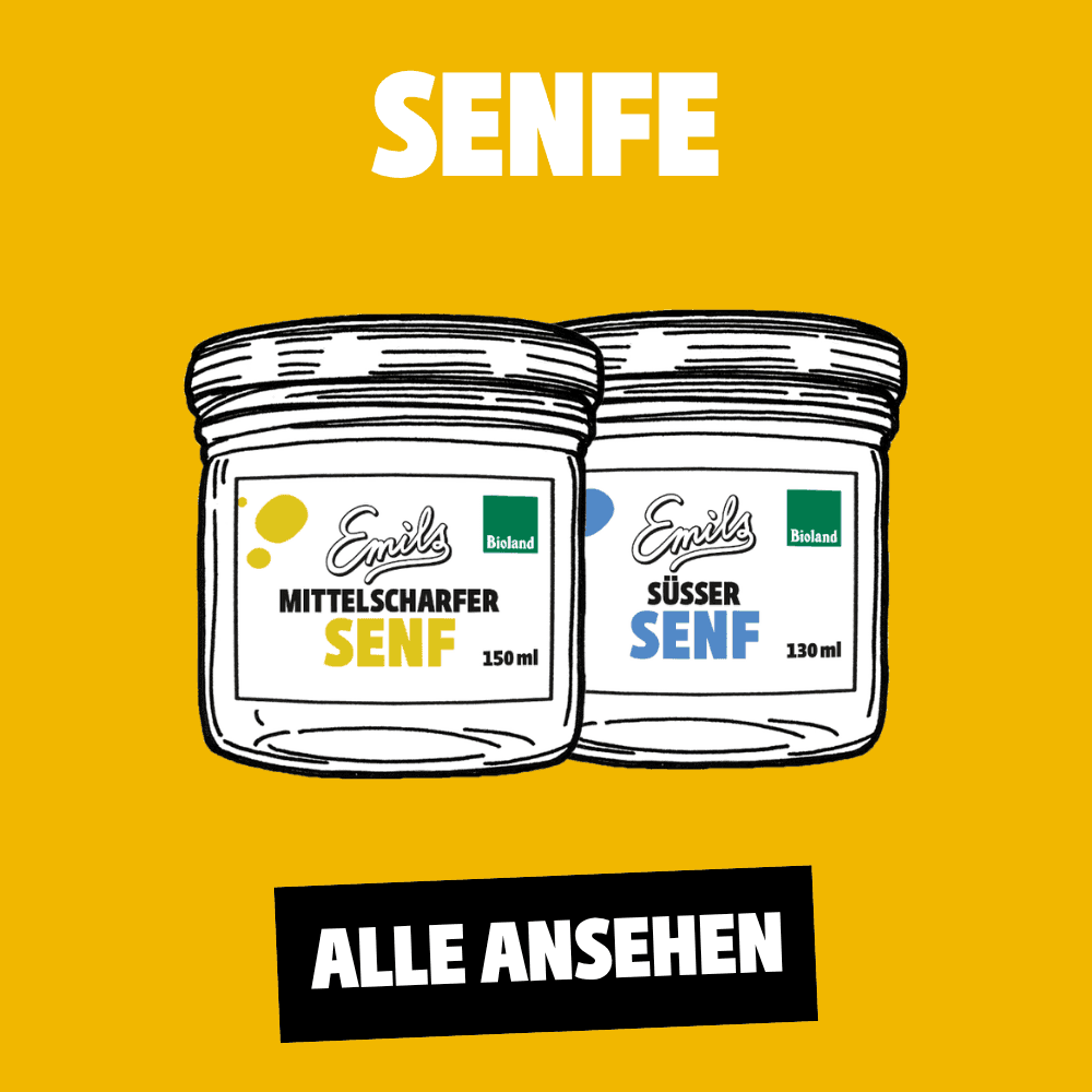 Emils Senfe ohne Branntweinessig, verschiedene Sorten: Mittelscharfer und süßer Senf